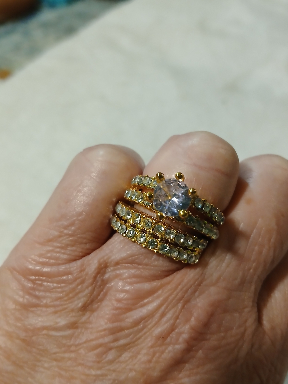 Yellow Gold Tone Crystal Solitaires & Pave Stackable Ring Set - Size 8